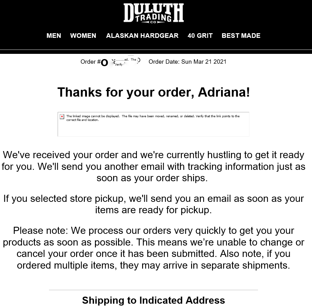 a transactional email from Duluth Trading Co. confirming my order